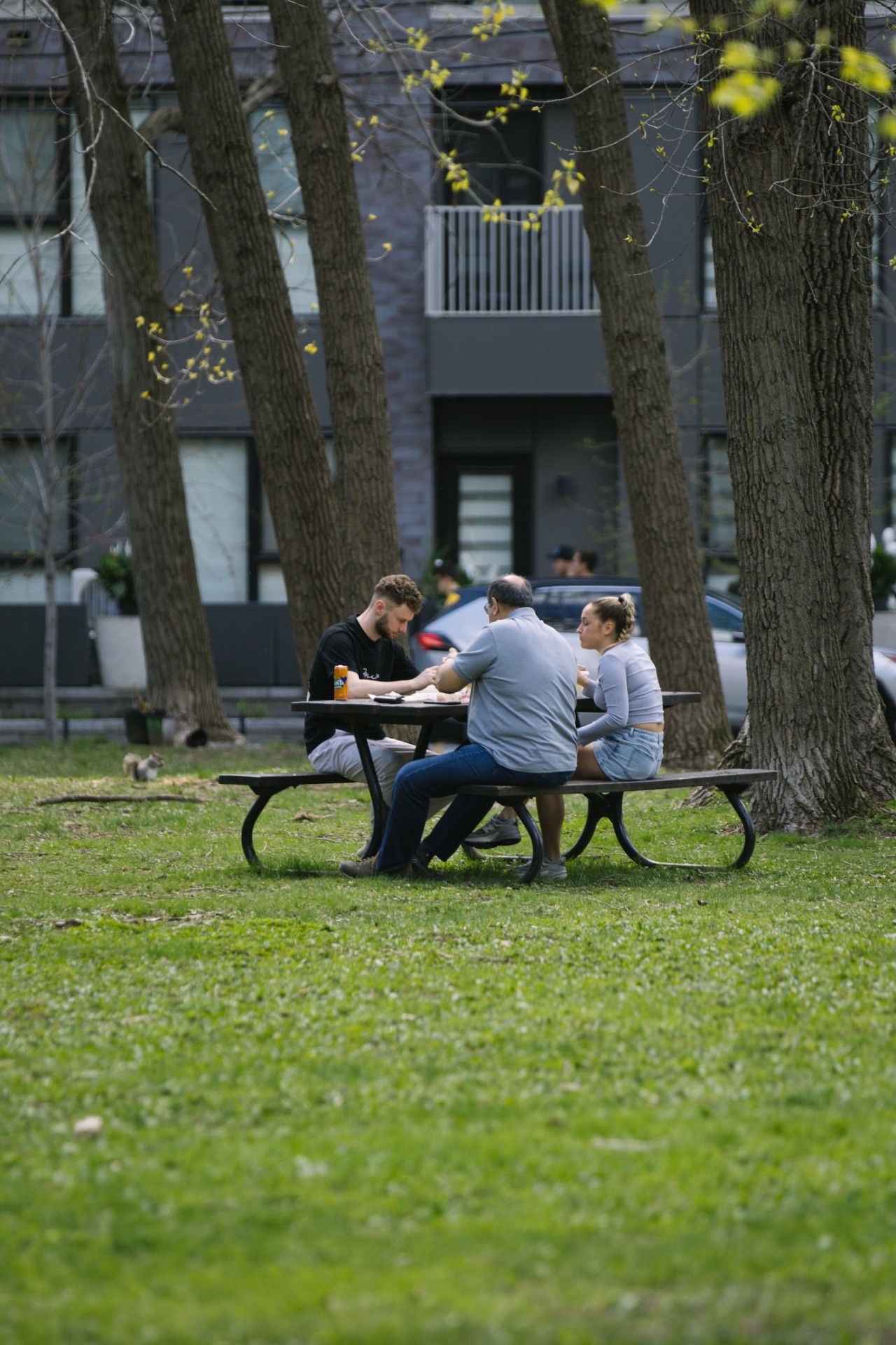 Picknick op een bankje in het park